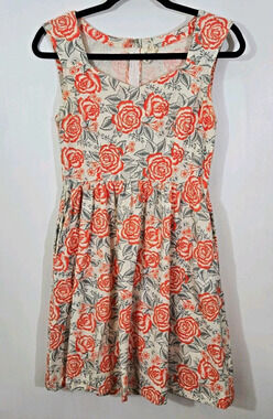 Mata Trader Orange Gray Floral Fit & Flare Dress M Scoop Neck Sleeveless Zip eco